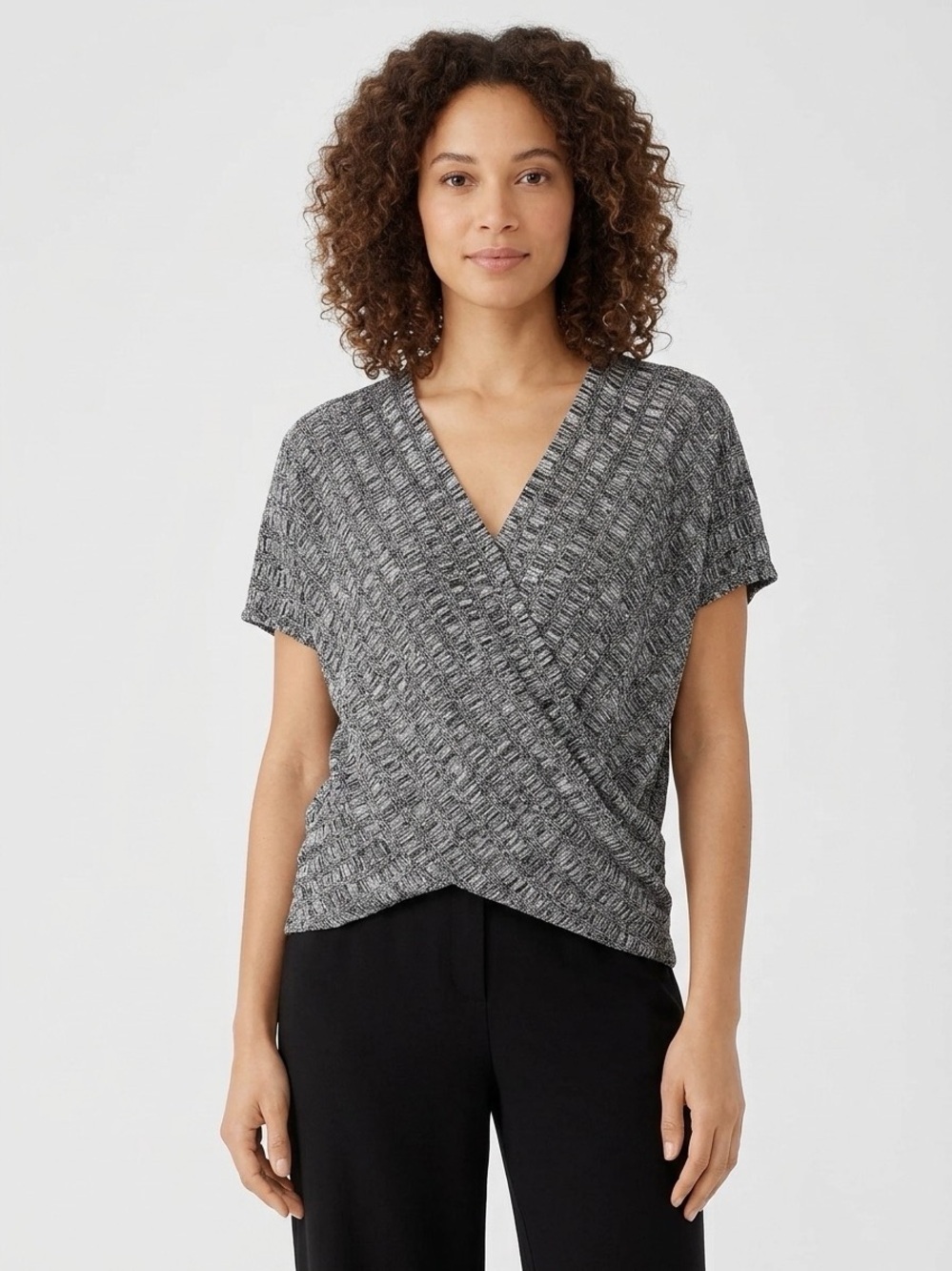 Eileen Fisher Sz XL Silk Linen Blend Faux Wrap Knit Top Black White Textured